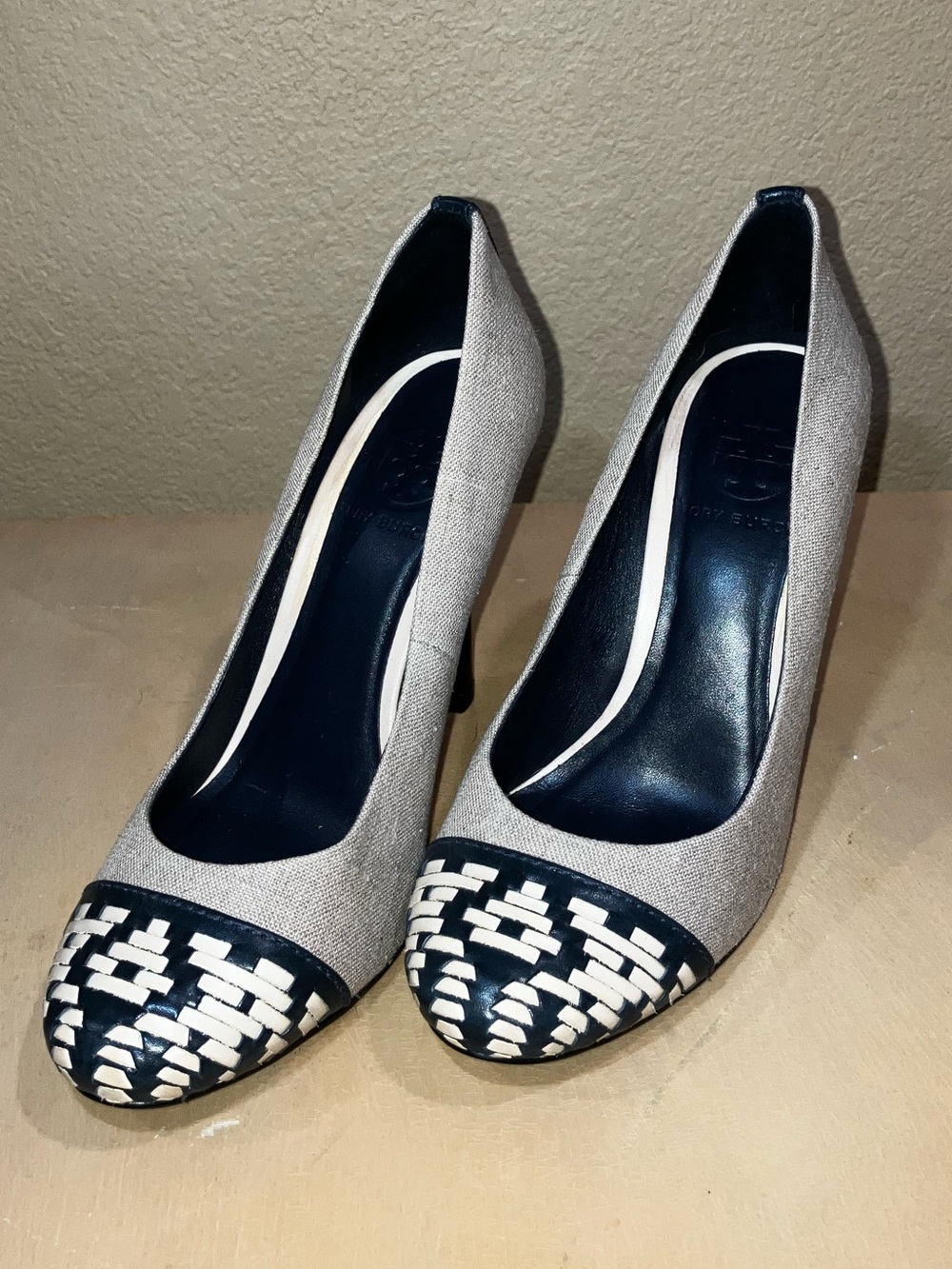 Tory Burch Gray Fabric Pumps with Black & White Woven Cap-Toe